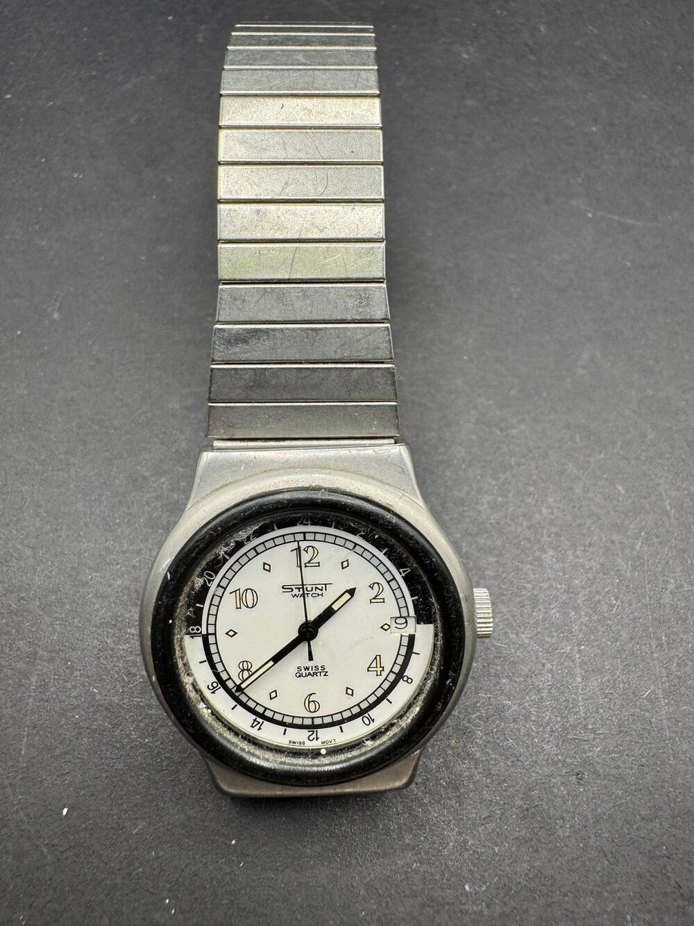 Stunt Watch Swiss Quartz White Dial Men’s Analog Wristwatch Stainless Steel Band